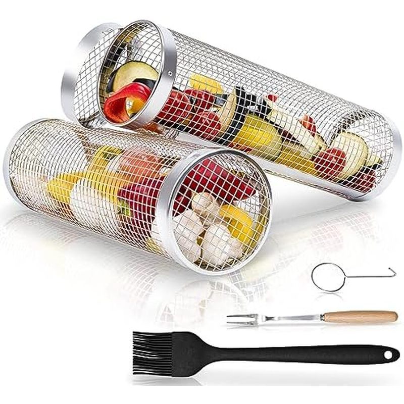 Modaura 2PCS Rolling Grill Baskets for Outdoor Grill, Big Green Egg Accessories-Set Includes Fork, Hook, and Oil Brush-3