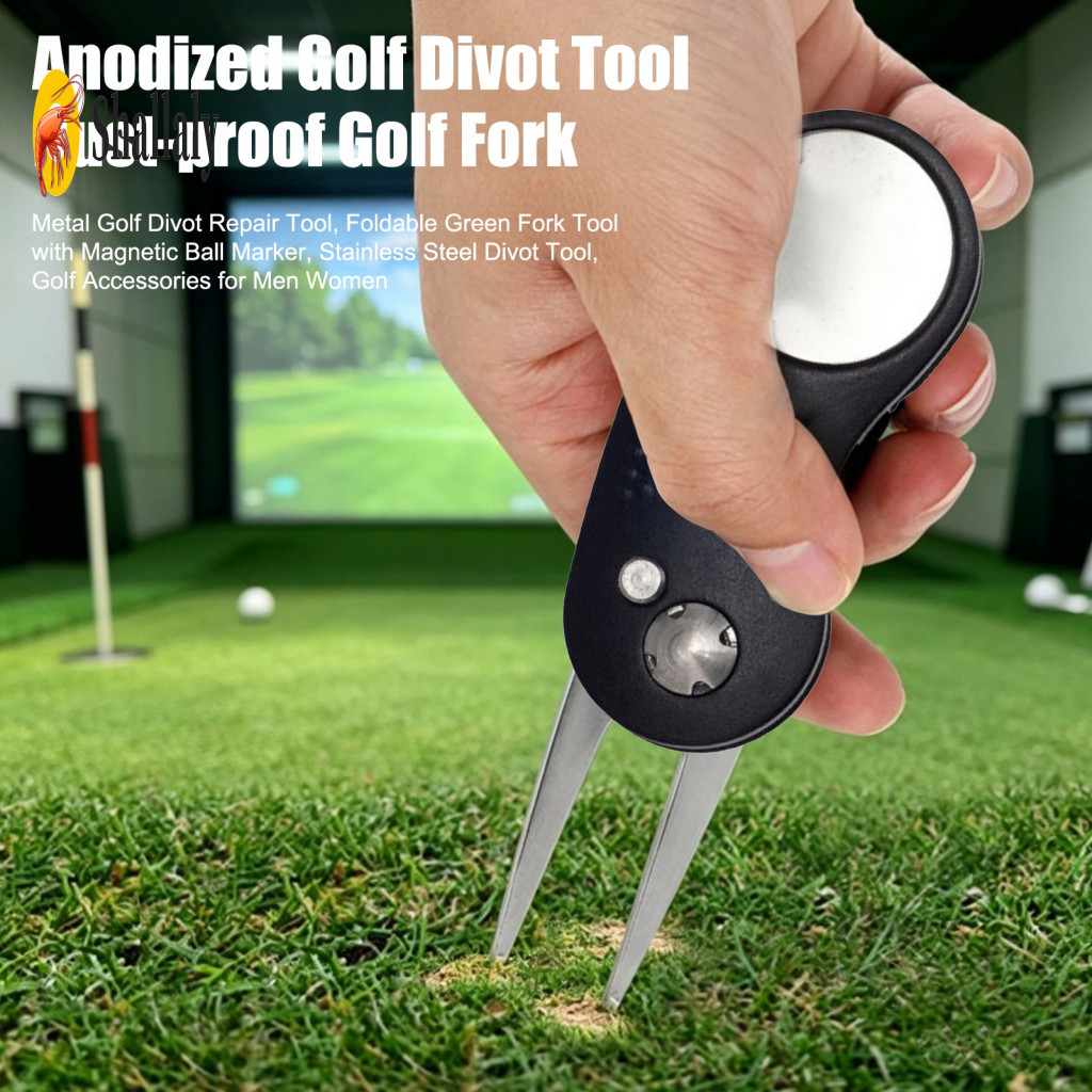 Compact Golf Repair Tool Green Fork Foldable Divot with Magnetic Ball Marker Stainless Steel Portable for Men for Easy