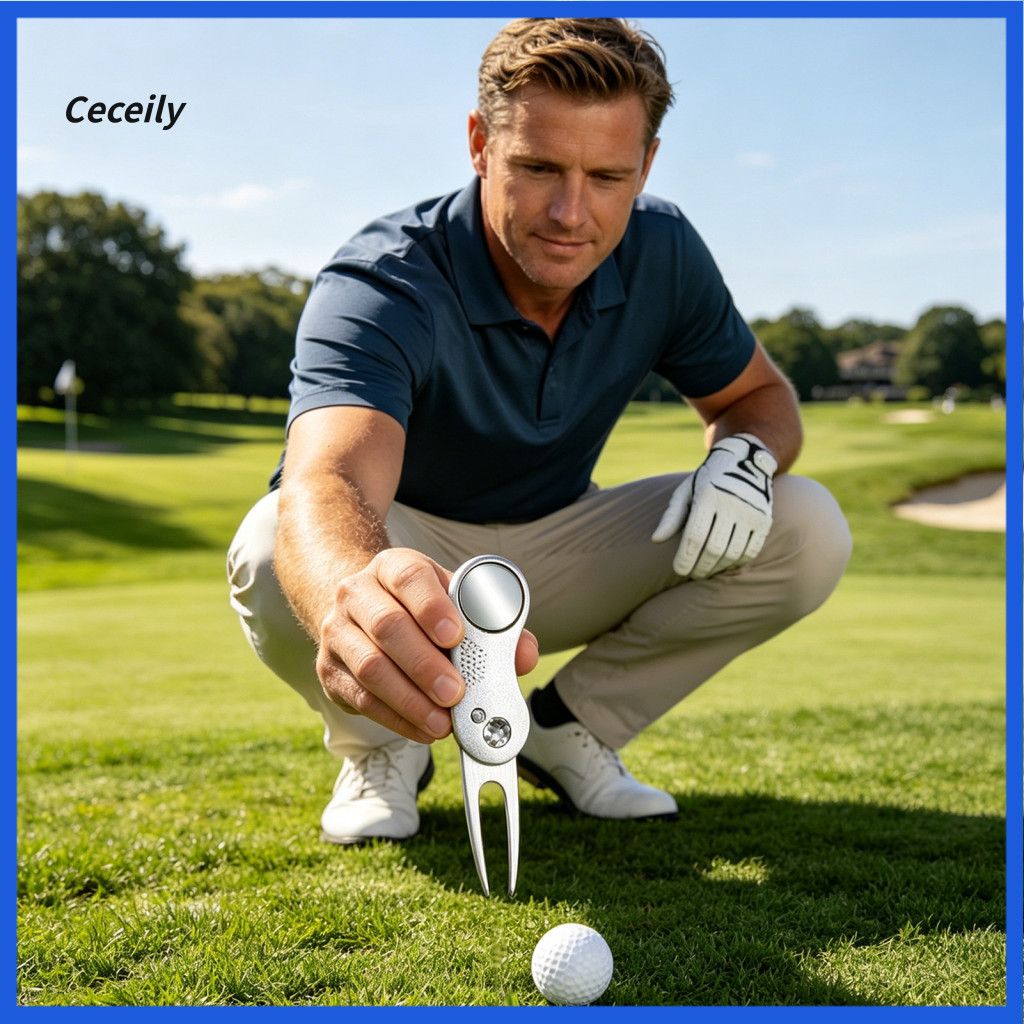 Folding Golf Divot Tool Green Fork Foldable Repair with Magnetic Ball Marker Stainless Steel Portable for Men for Easy
