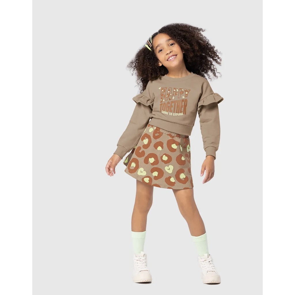 CONJUNTO INFANTIL MENINA SAIA ANIMAL PRINT EM MOLETOM MALWEE KIDS MARROM