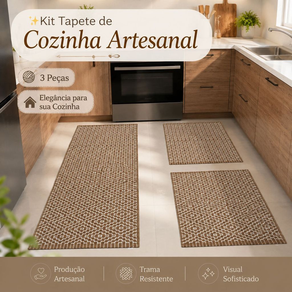 Kit Tapete de Cozinha Artesanal Egípcio 3 Peças Passadeira e Tapetes Decorativos