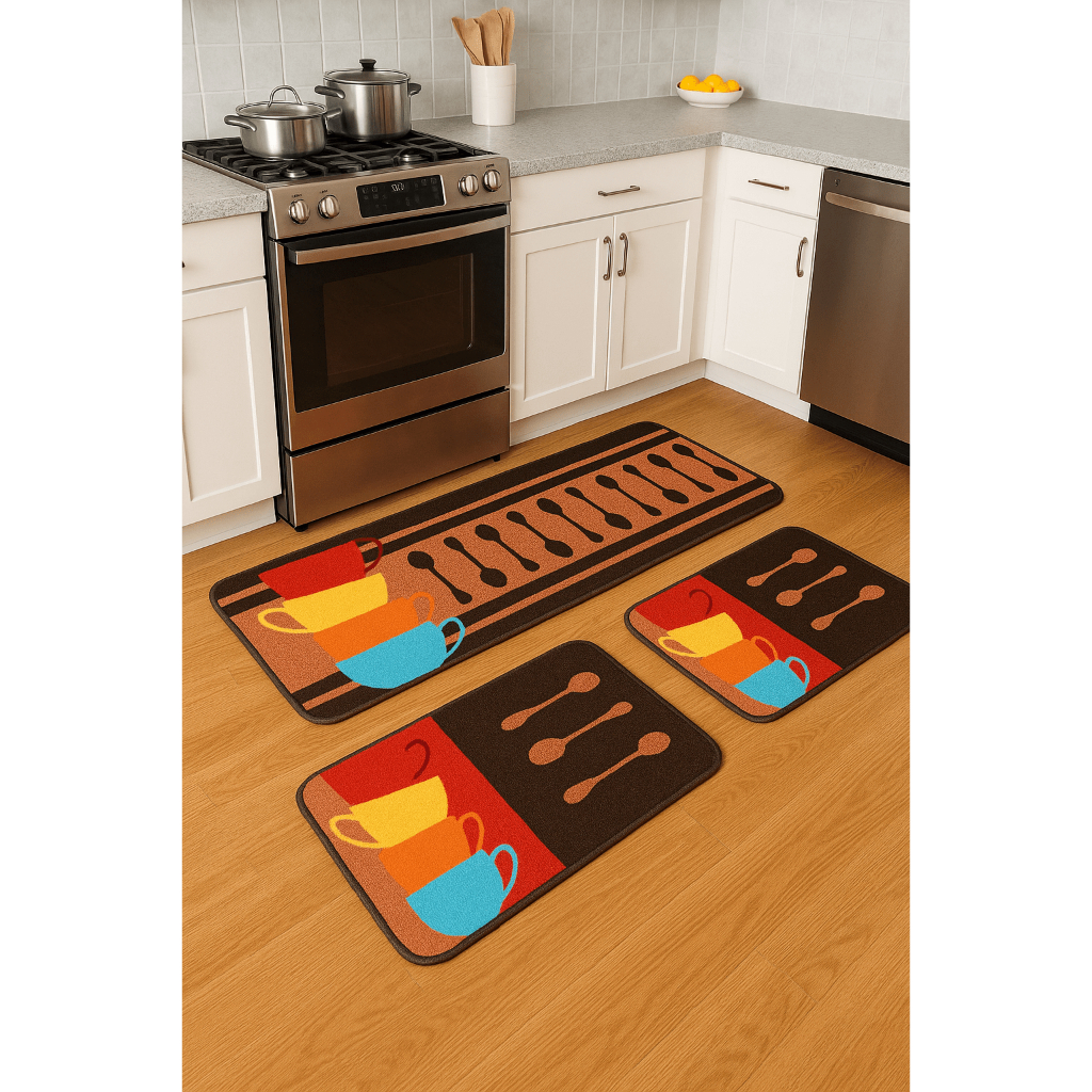 Jogo de Tapetes Cozinha Passadeira 120x48 e 2 Capachos 78x48 Antiderrapante EmborrachadoDesenhos