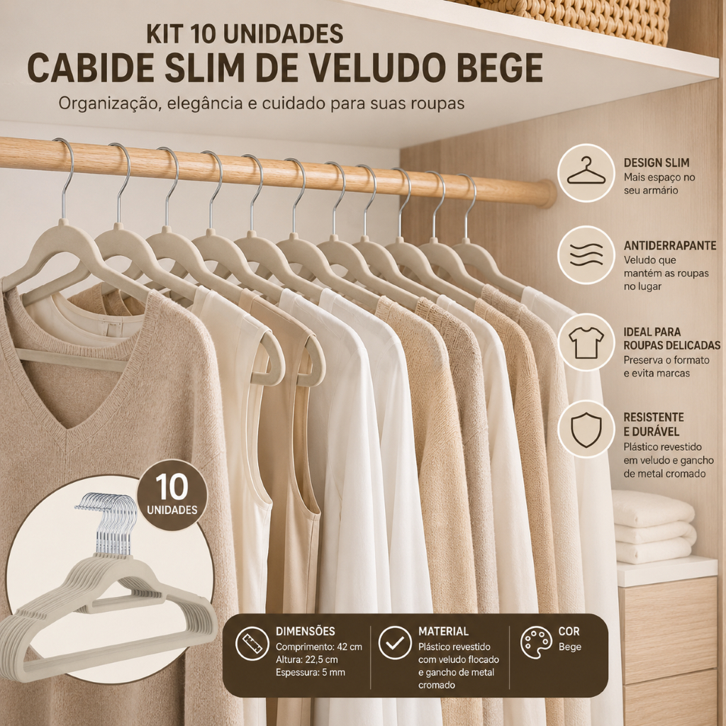 Kit 10 Unidades Cabide Slim de Veludo Bege/ Preto Oganizador de Roupas