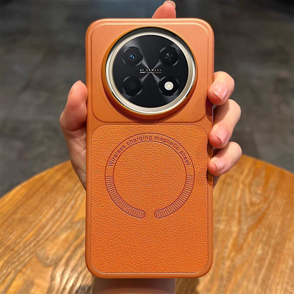 Nova Capa de Celular em Couro Laranja Cósmico com Fecho Magnético, Anti-queda, Textura de Lichia, Acabamento Fosco e Toq