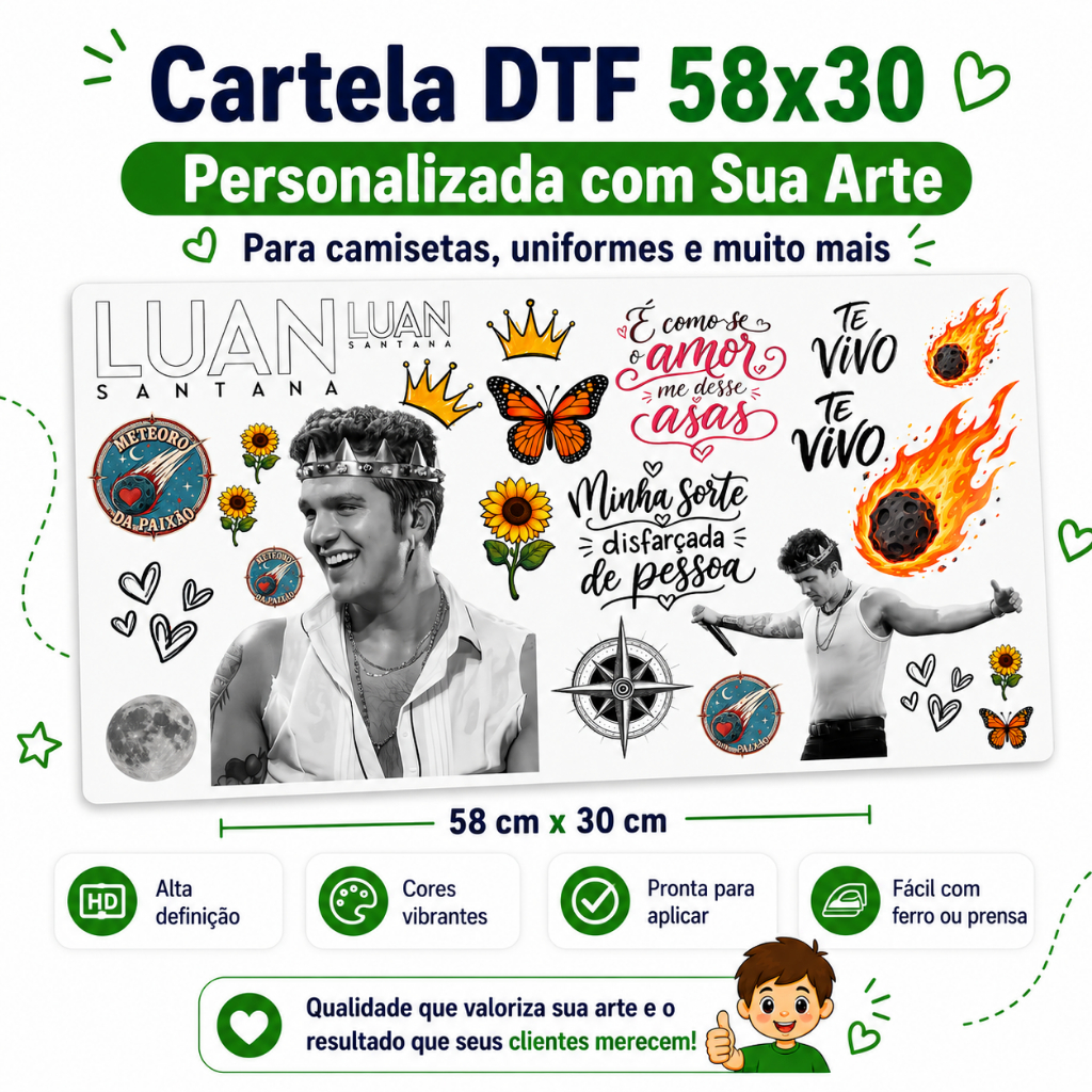 Adesivo DTF Luan Santana Registro Histórico | Termocolante Calça Jaqueta Camisa Pronto para Estampar