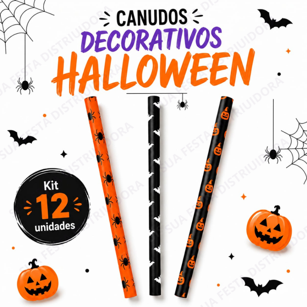 12, 24 e 48 Unidades de Canudos Papel Halloween Estampado Morcego Aranha Abóbora para Festas Eventos