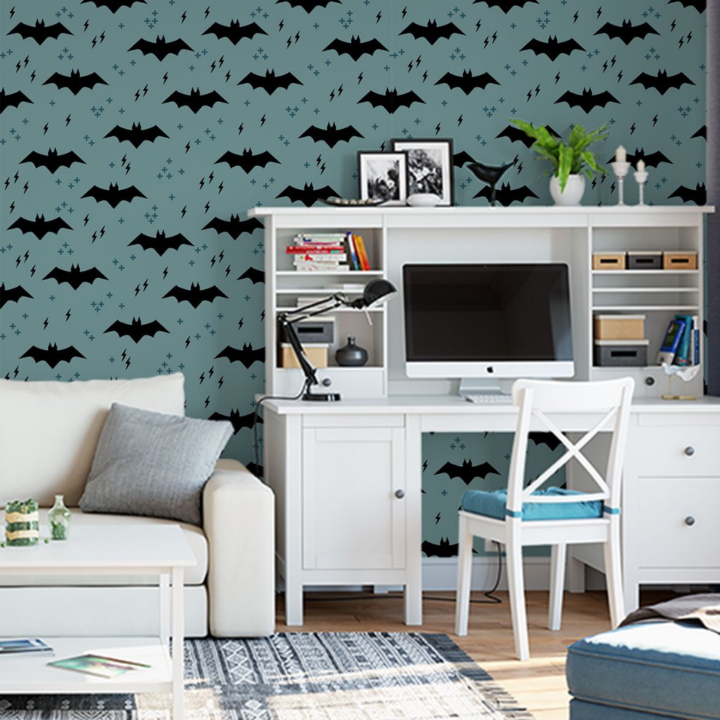 Papel de Parede Adesivo Decorativo Baby Infantil Morcegos Pretos com Fundo Verde Musgo