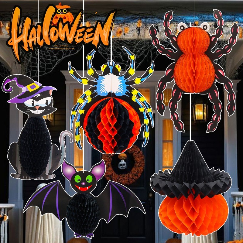 1/2 Unidades Pingente De Bola De Favo De Mel De Halloween-Decorações Suspensas De Papel Enfeites Morcego Aranha Fantasma