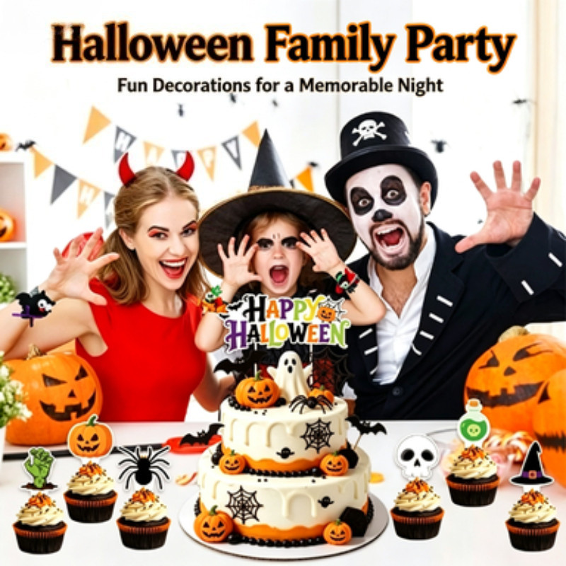 Topper De Bolo De Papel De Feliz Halloween , Enfeites De Morcego Fantasma De Abóbora Para Festa De