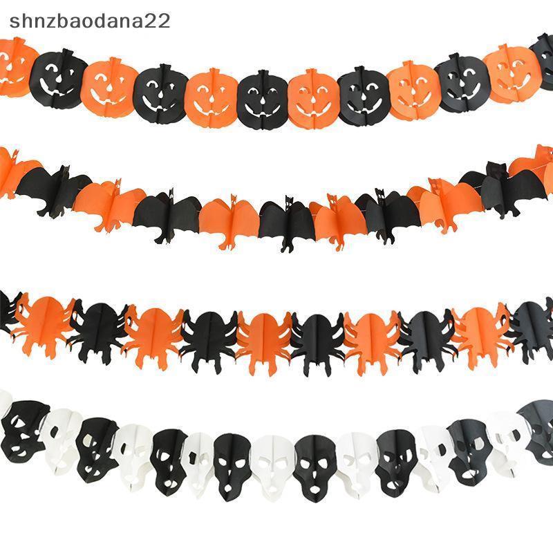 [Shnzd] Banner De Papel De Halloween À Prova De Respingos Aranha Abóbora Fantasma Morcego Padrão Corrente Para Jardim Pá
