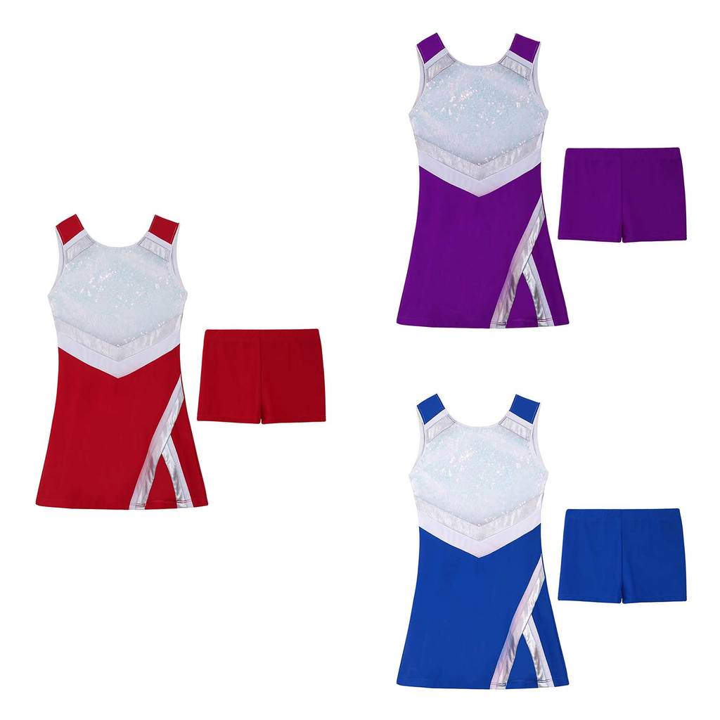 inhzoy 2Pcs Kids Girls Dance Outfit Round Neck Sleeveless Shiny Sequins Adorned Bodice Sport Dress with Shorts Set