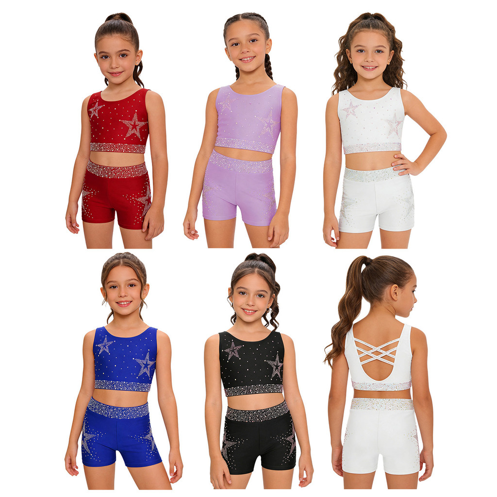 inhzoy Kids Girls Shiny Rhinestones Gymnastics Dance Outfit U Neck Crisscross Back Cropped Vest with Shorts