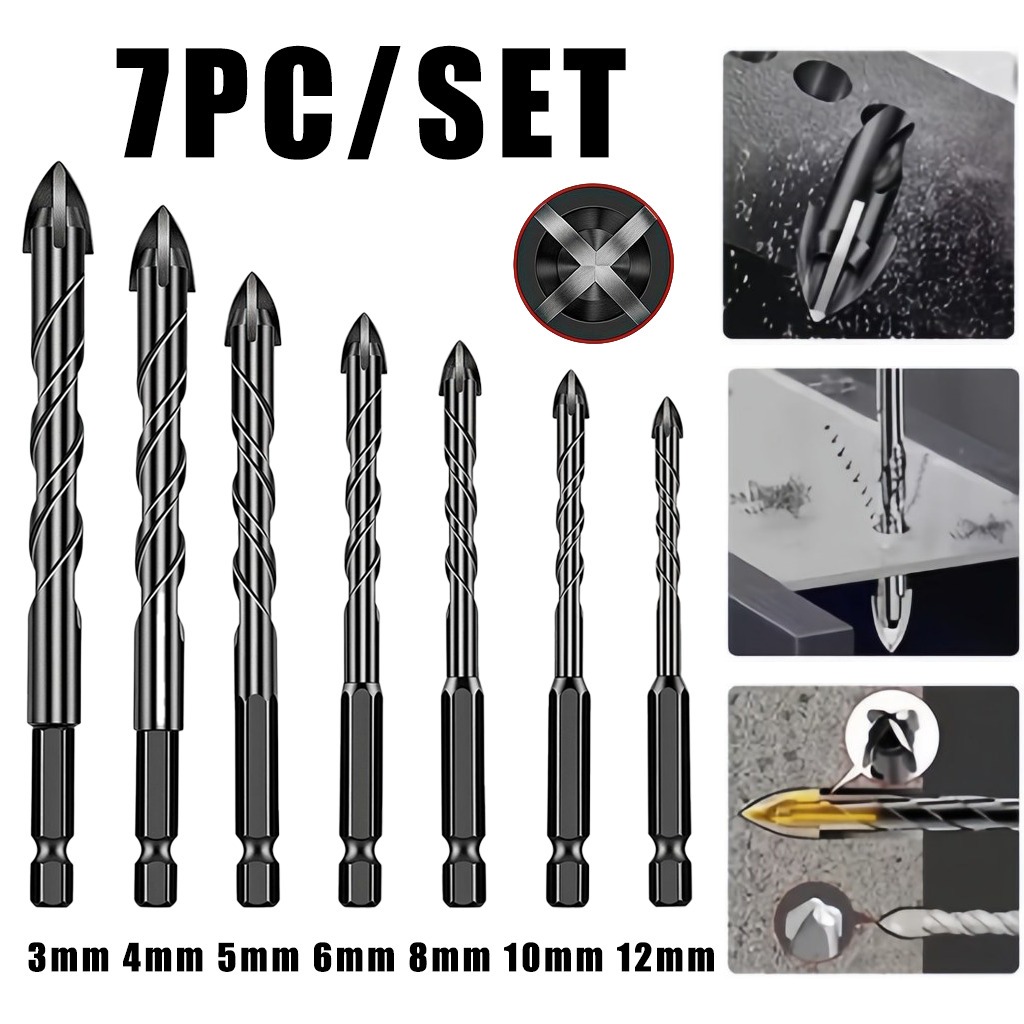 Kit 7 Brocas Profissionais de Carboneto Triangular com Revestimento de Titânio 3-12mm Alta Resistência Para Fura Tudo