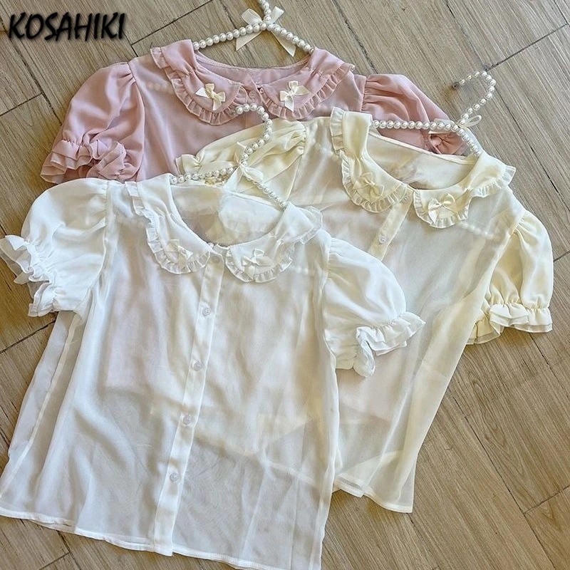 Camisa feminina estilo lolita japonesa kawaii com laço fofo, gola solta, blusas transparentes com estética Y2K.