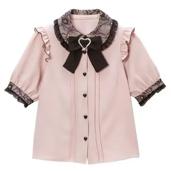Camisa Feminina Kawaii Lolita de Manga Curta, Blusa de Renda, Blusa Estética, Combina com Tudo, Fofa, Japonesa, Verão, Y