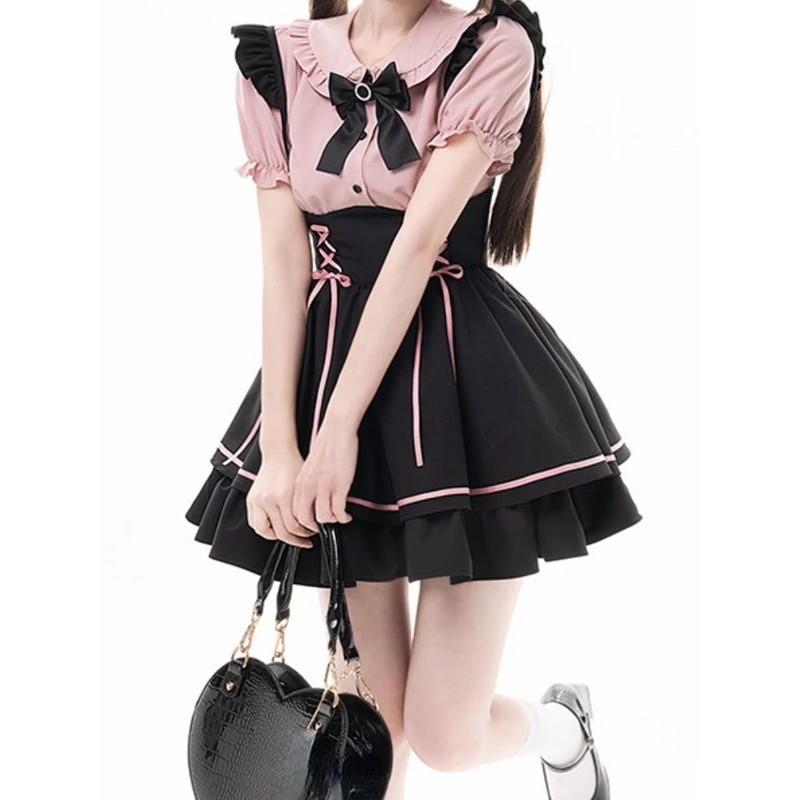 Blusa feminina japonesa kawaii com mangas bufantes, top cropped com laço, gola Peter Pan, estilo lolita, casual, doce, f