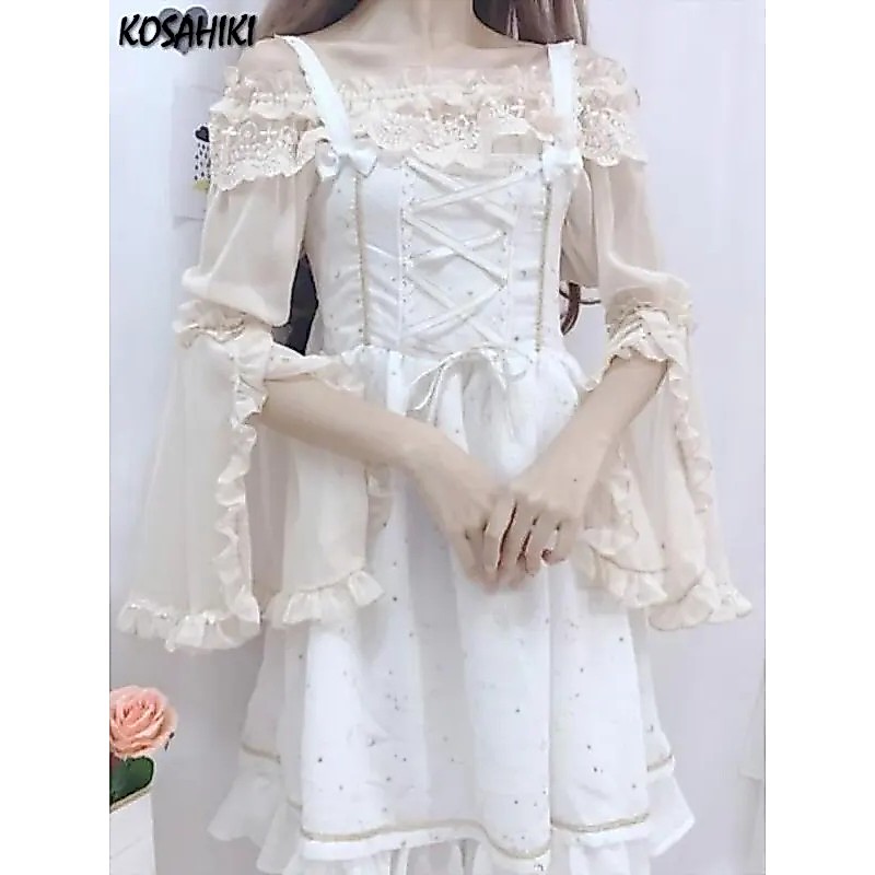 Camisa de Renda Kawaii KOSAHIKI, Blusas Lolita para Mulheres, Manga Longa, Estilo Preppy com Fenda, Tops Fofos para Cosp