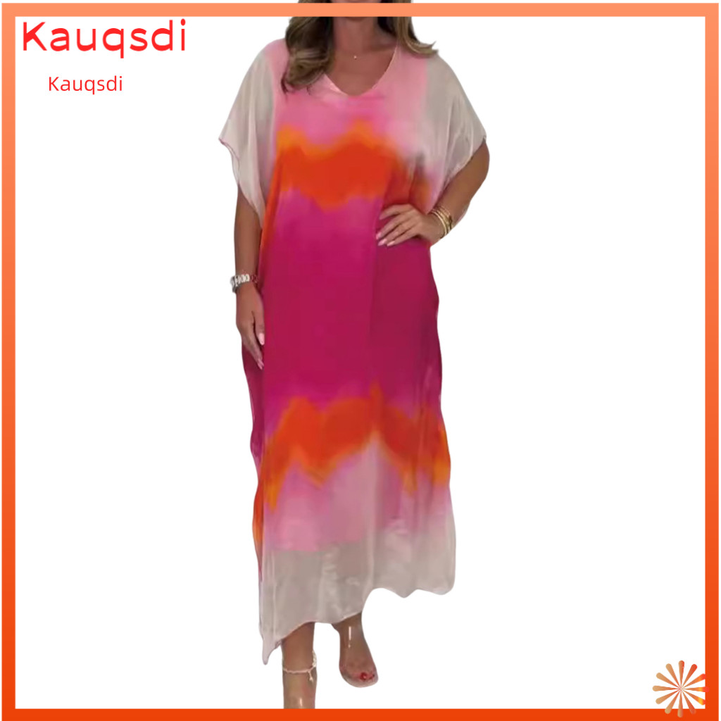 Women Polyester Dress Casual Loose Cut Women’s Summer Chiffon Maxi – Gradient Print V Neck Short Sleeve Beach Sundre