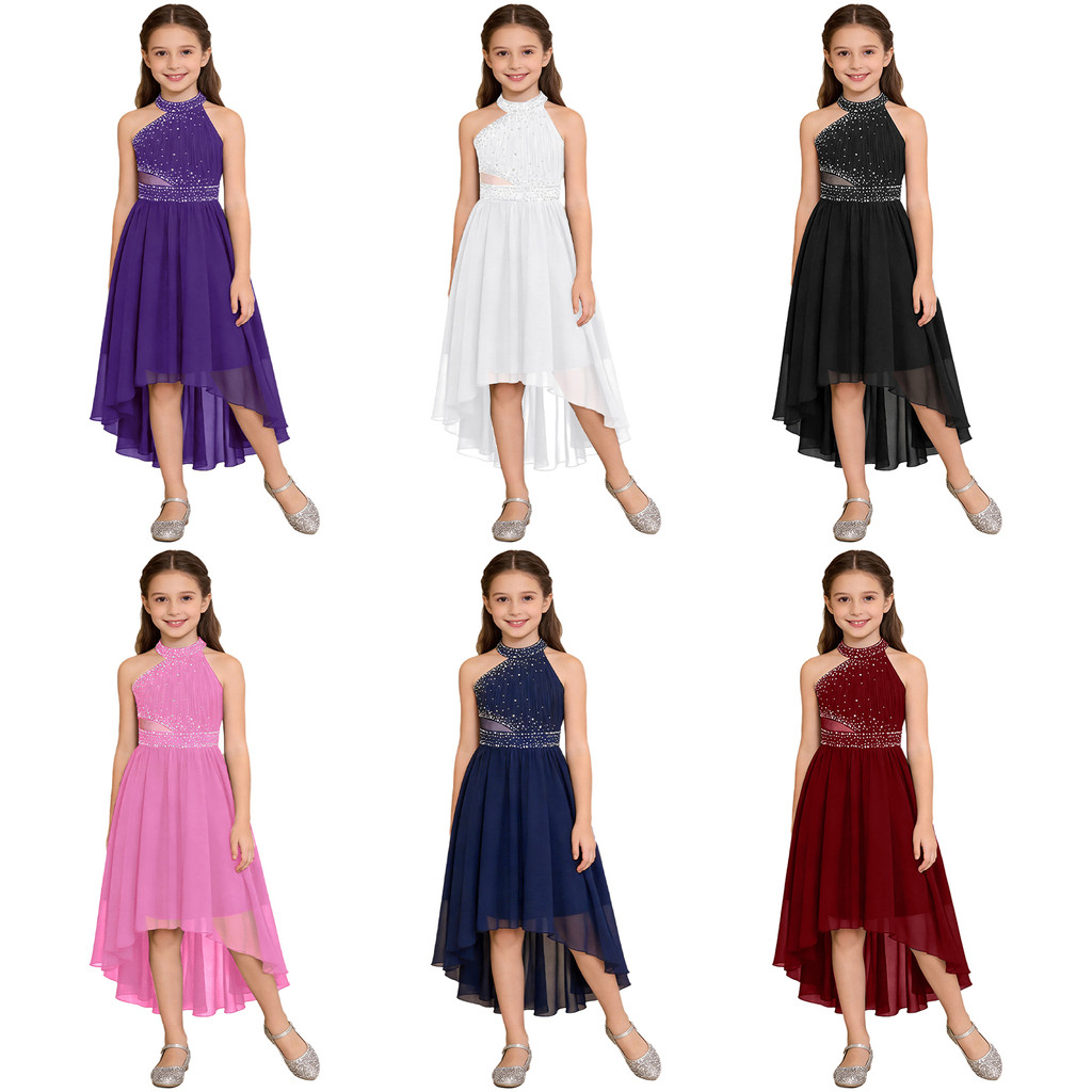 inhzoy Kids Girls Shiny Rhinestone Party Dress Sleeveless Ruched Bodice Mesh Waist High-Low Skirt Chiffon Dress