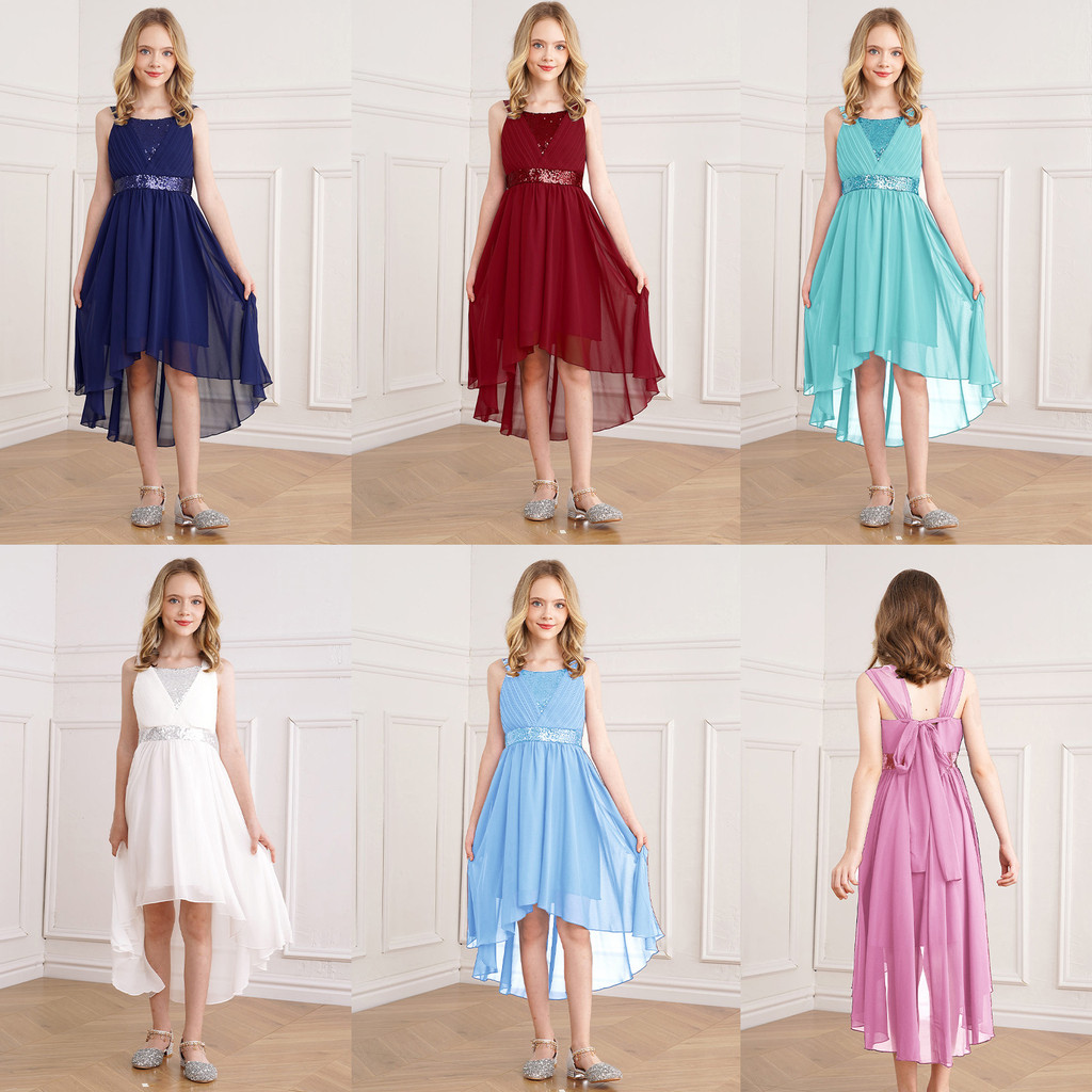 inhzoy Kids Girls Shiny Sequin Ruched Party Dress Sleeveless High-low Hem Grace Chiffon Dress for Cocktail Birthday