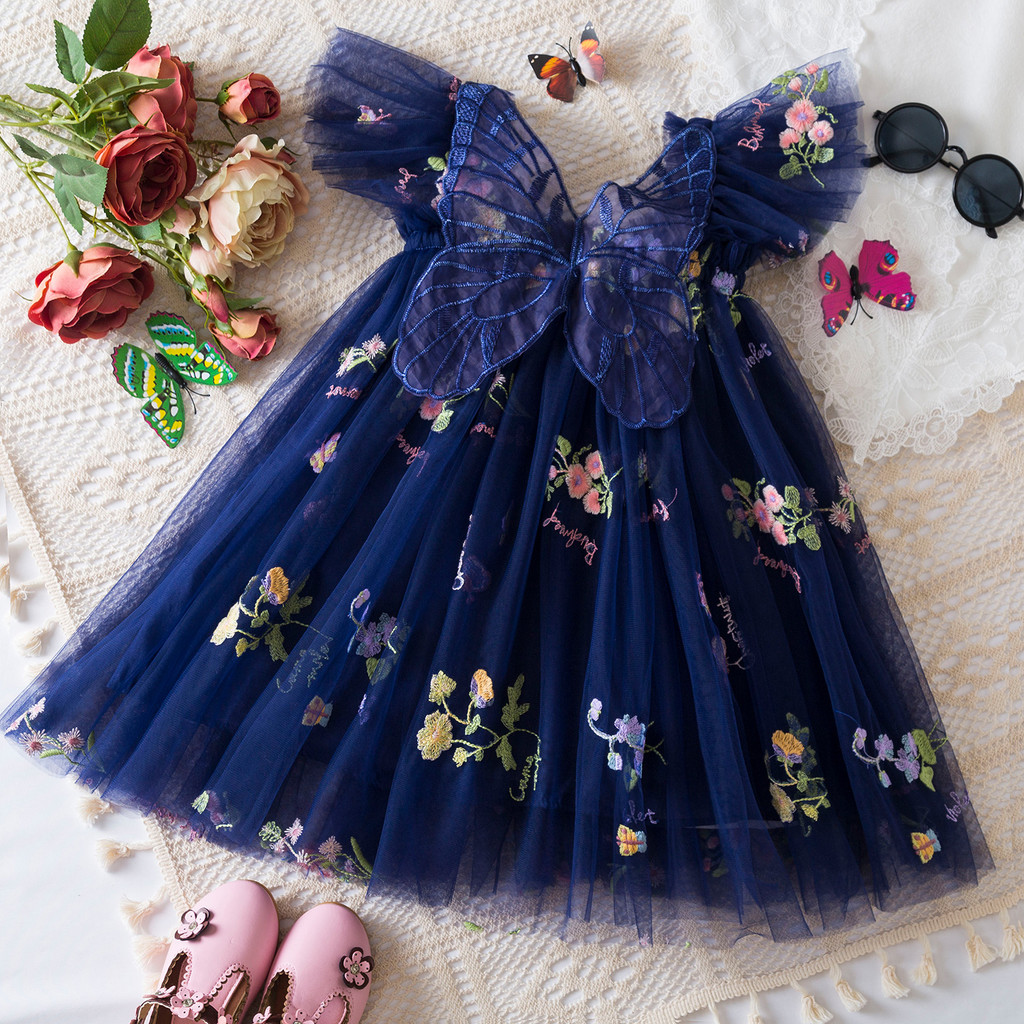WFRV Kids Girl Summer 1st Birthday Party Embroidered Flower Butterfly Wings Chiffon Suspender Dress Girl Christmas