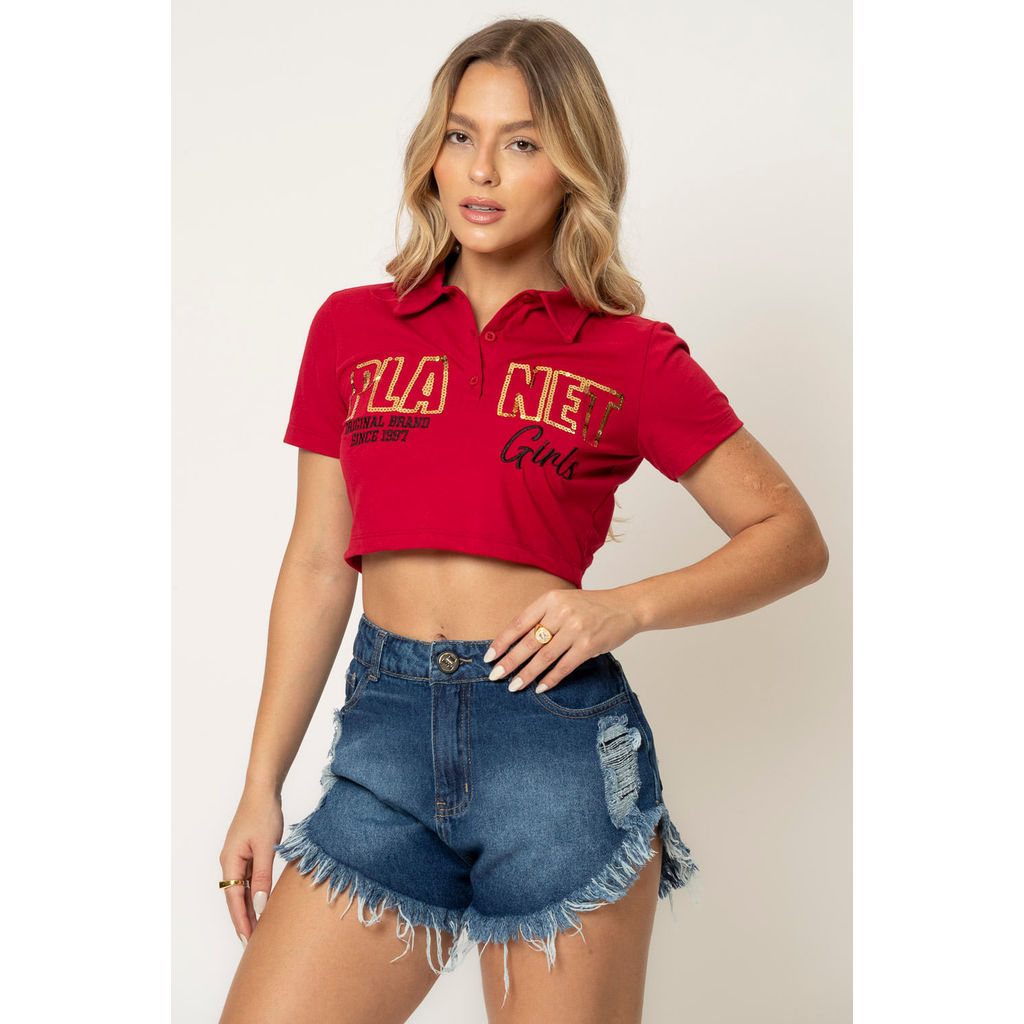 Polo Cropped Feminina em Paetê Planet Girls Vermelho Médio