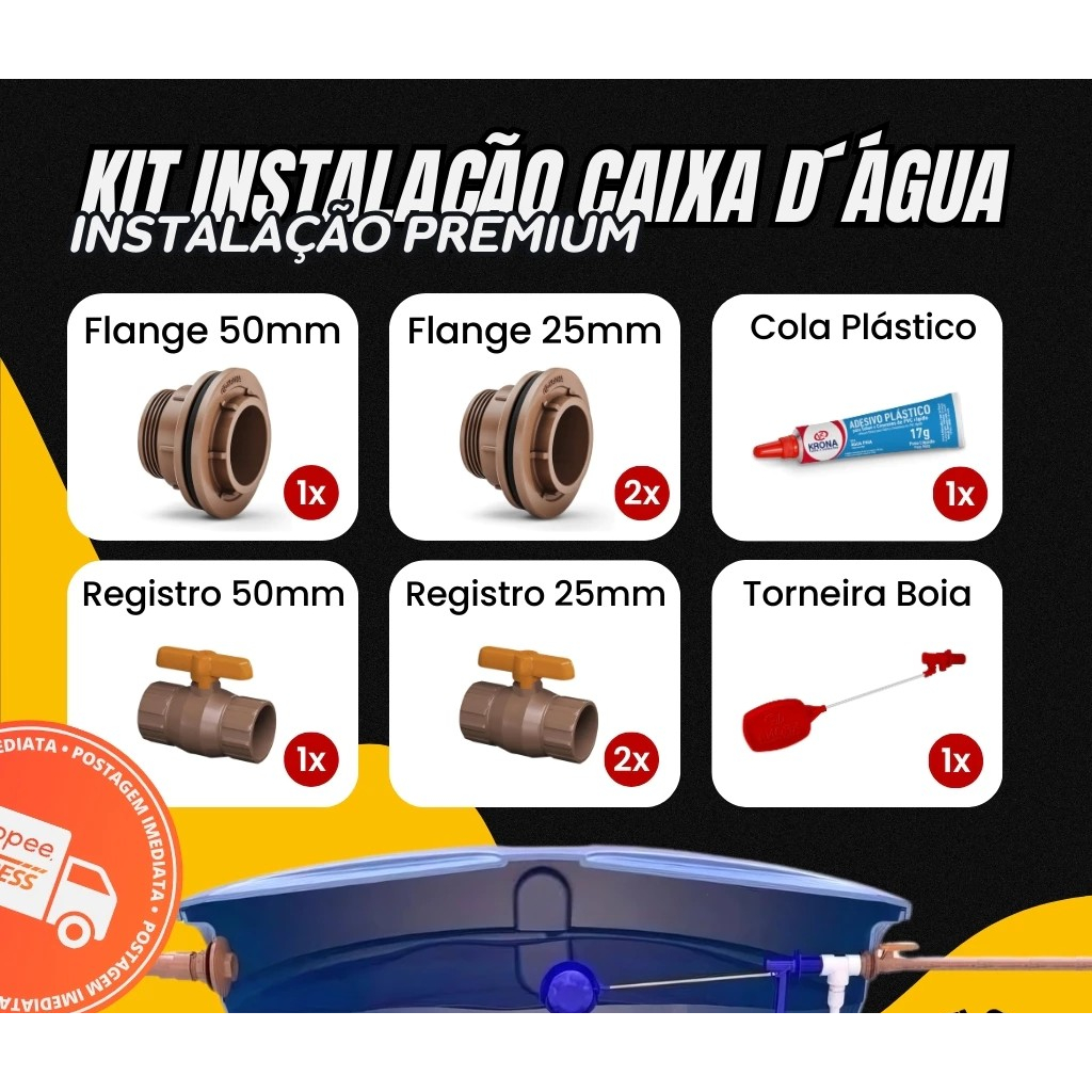 Kit Conexão Instalação De Caixa D'água Premium 50x25 Krona Flange Registro Torneira Bóia E Adesivo