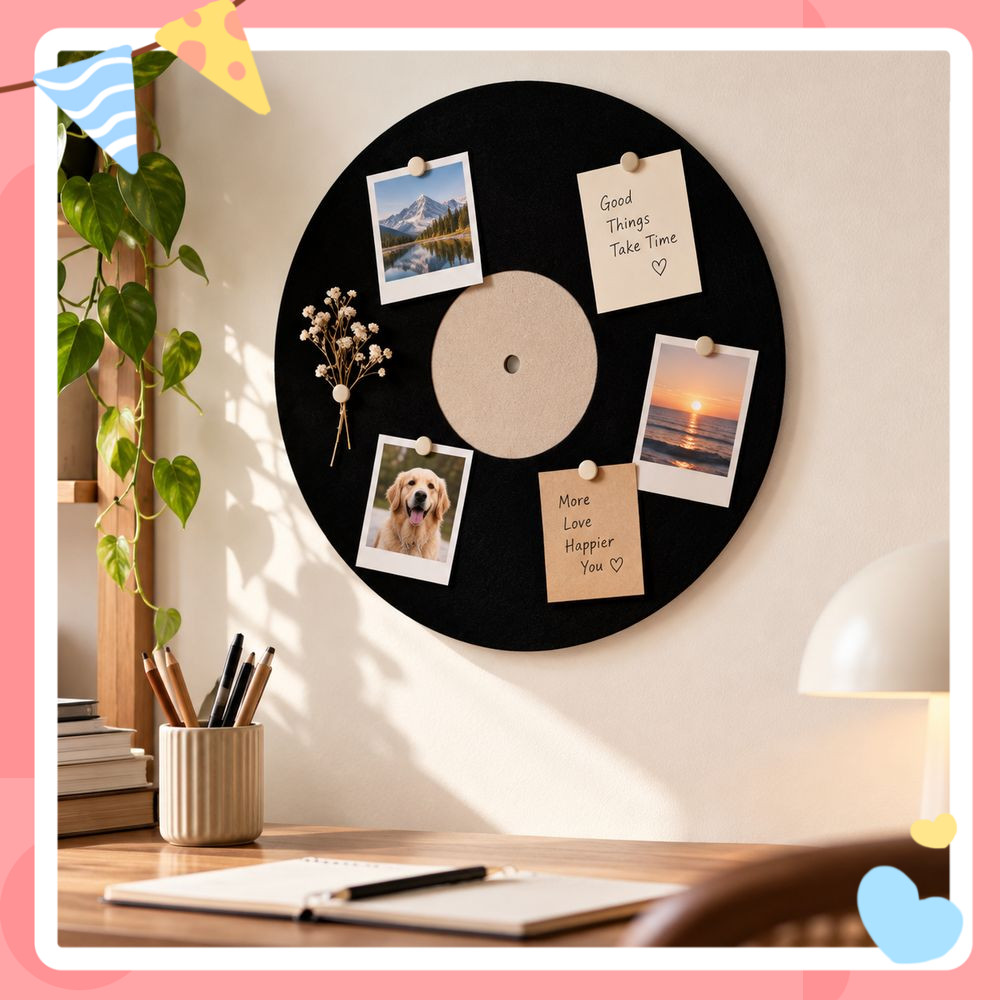 Placa De Feltro , Painel De Parede Para Decoração Música Com Padrão De Registro Redondo , Adesivo Autoadesivo Fotos