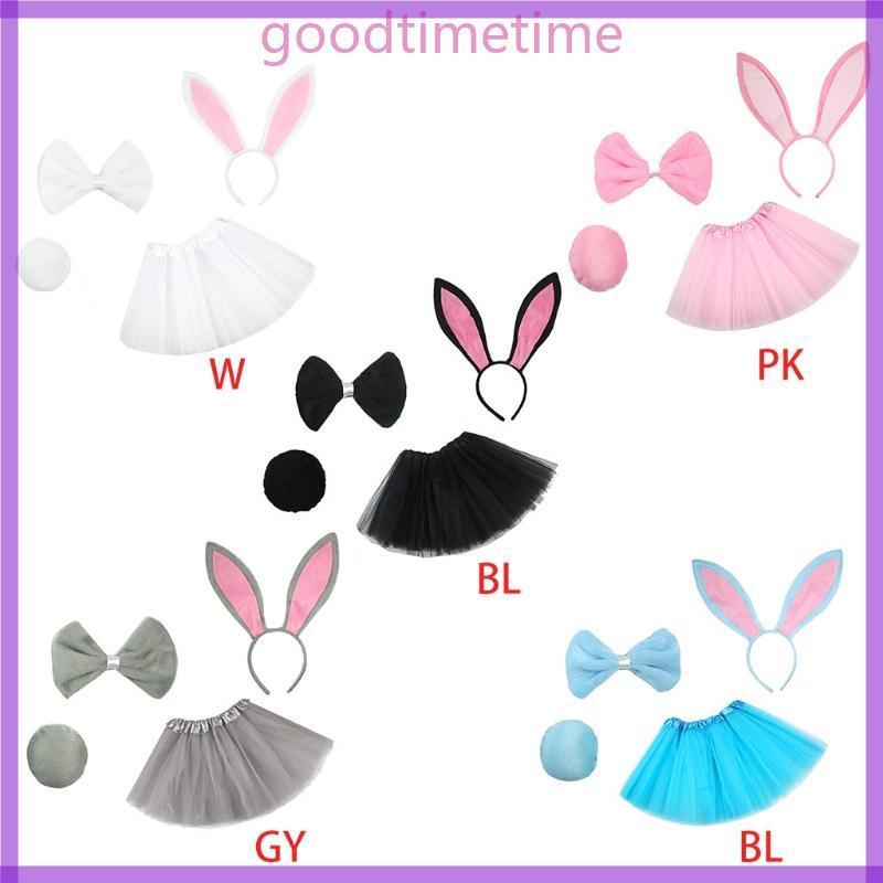 4 Pçs Coelho Cosplay Traje Conjunto Camadas Tule Tutu Saia Orelhas Bandana Gravata Cauda Roupas Fe
