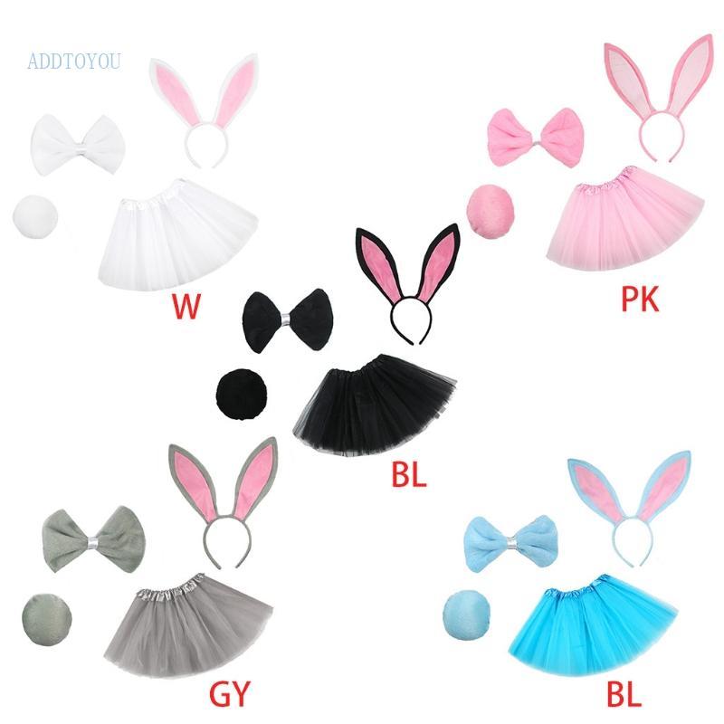 4 Pçs Coelho Cosplay Traje Conjunto Camadas Tule Tutu Saia Orelhas Bandana Gravata Cauda Roupas