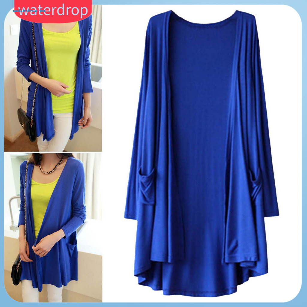 Spring Fall Women’s Loose Mid-length Coat with Pockets Lightweight Long Sleeve Cardigan Pure Color Open Stitch Wear fo
