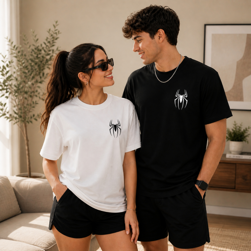 KIT COMBO 2 CAMISETAS BLUSA CASAL ARANHA SPIDER GIRL CINEMA GAME LIVRO ANIME COSPLAY 100% ALGODÃO PREMIUM ENVIO IMEDIATO