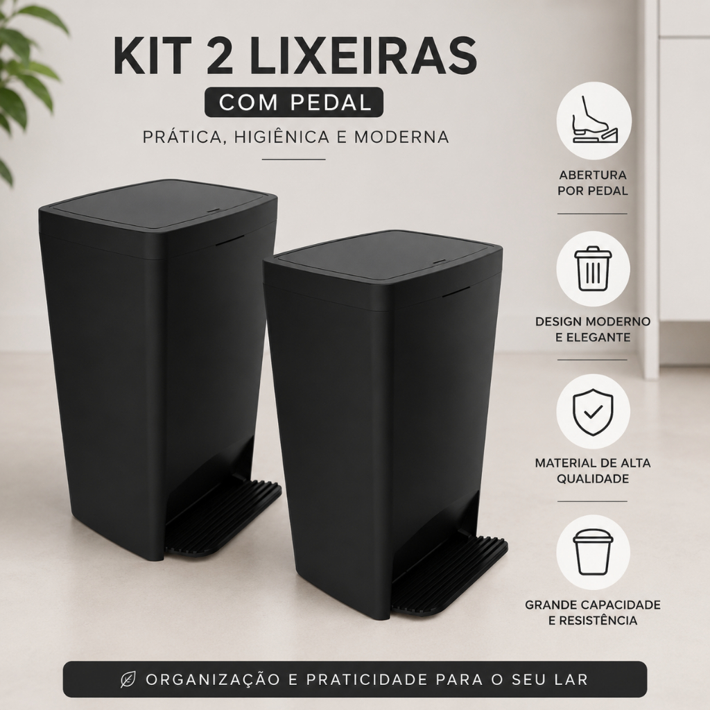 Jogo 2 Lixeiras Smart 25 Litros Com Pedal Tampa Organizadora Cozinha Lavanderia