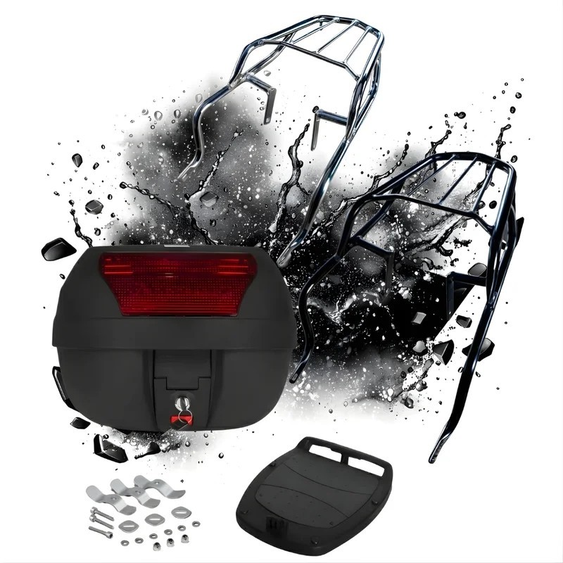 Conjunto bagageiro reforçado e baú Smart Box 28 litros para Biz 125 2012 a 2017, aço preto cromado, Pro Tork original