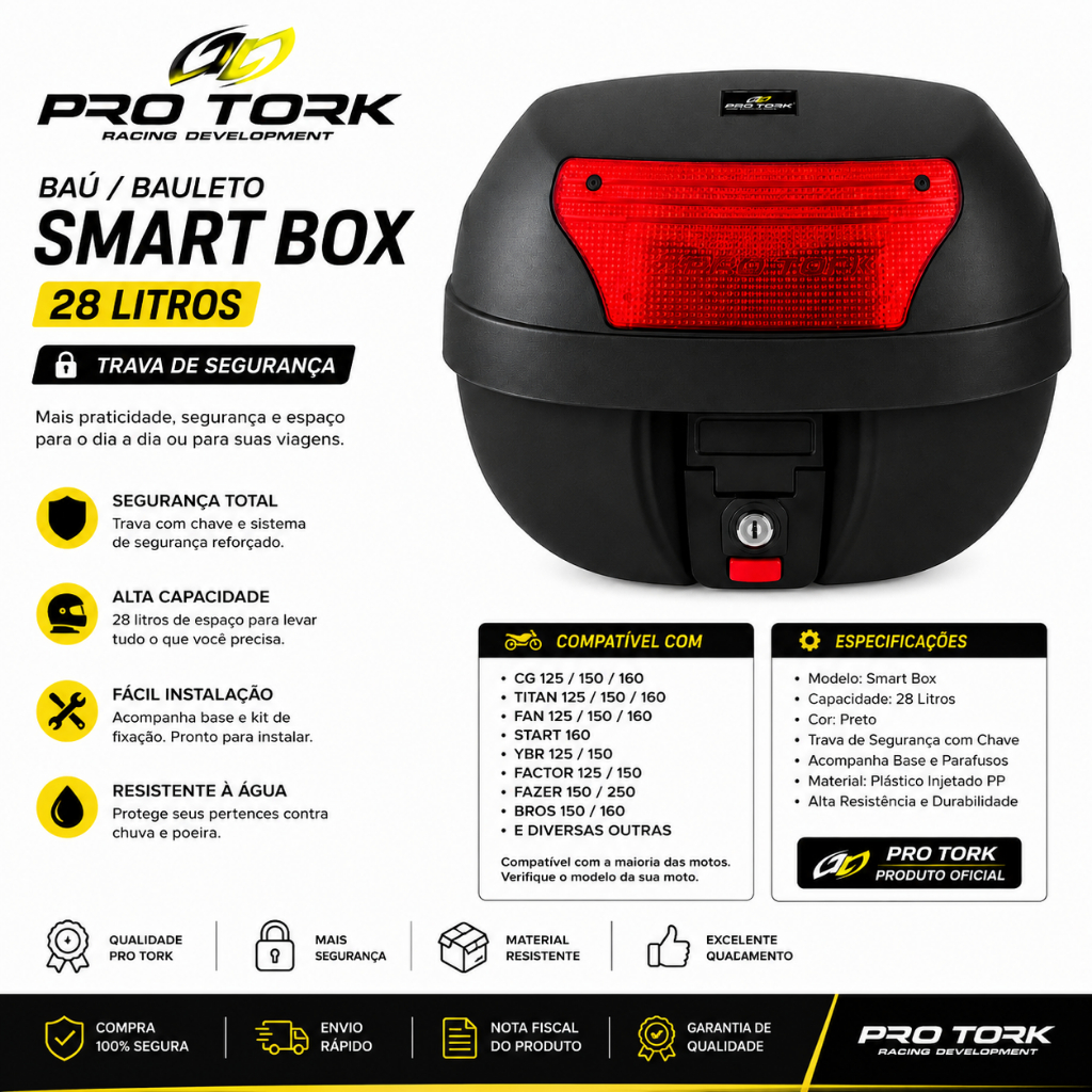 Baú Bauleto Para Motocicleta 28 Litros Modelo Smart Box Trava De Segurança Preto - Pro Tork