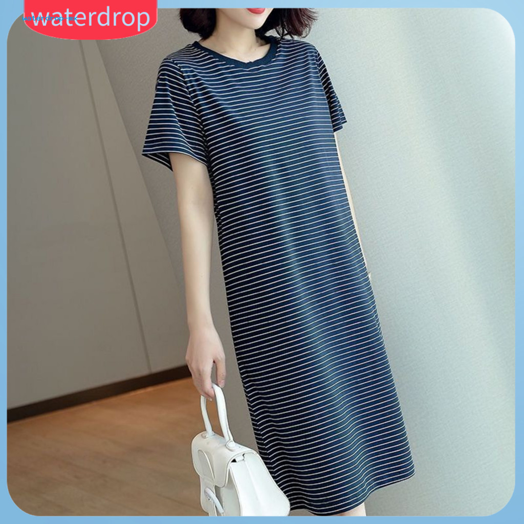 Women’s Striped Summer Dress Short Sleeve Loose Fit Lightweight Comfortable Round Neck Midi for Office Beach Party –