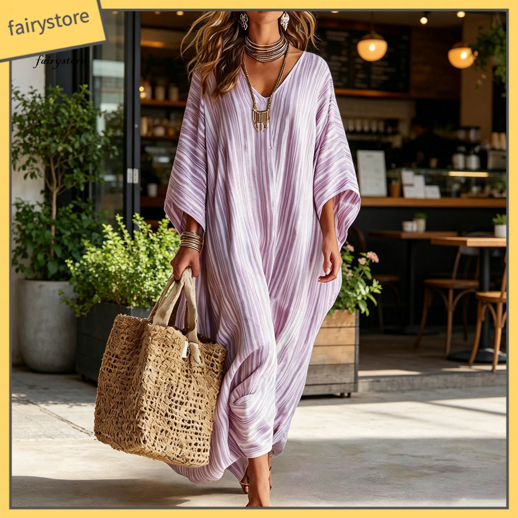 Bohemian Style Dress Women's Summer Women’s Striped Maxi – Loose Fit V-neck 3/4 Sleeve Boho Long Casual Flowy Beach