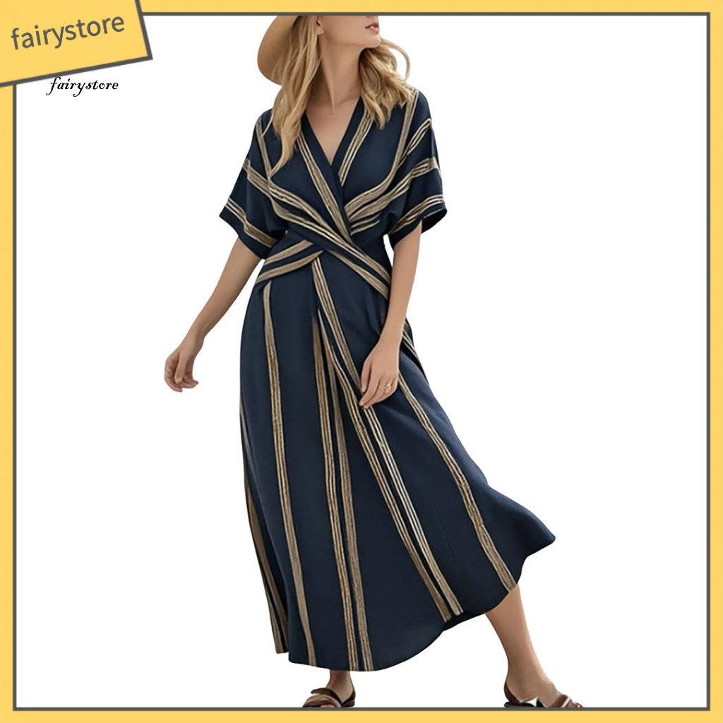 Women's Dress Stretchy Fabric Women’s Summer Maxi Striped V Neck Short Sleeve Casual Beach Vacation Flowy A-line Sundr
