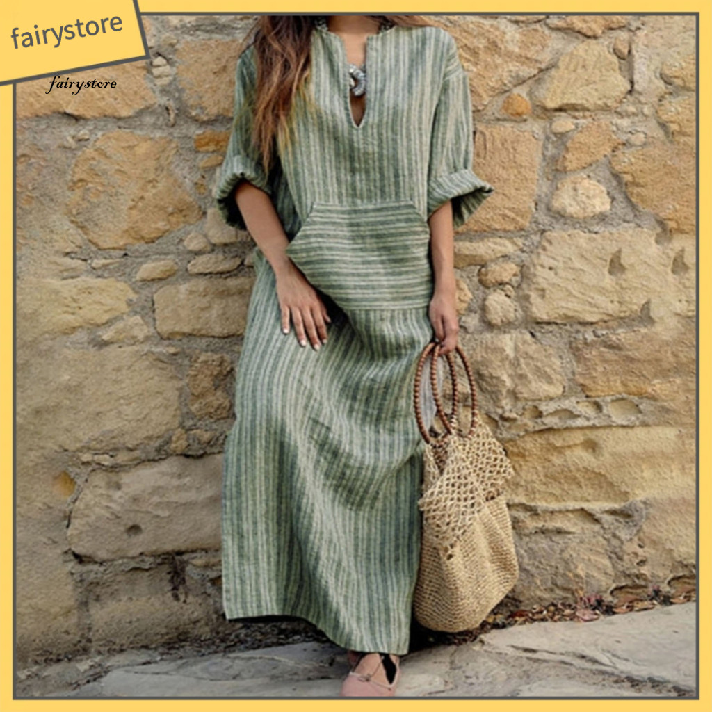 Dress with Pockets Front Placket Women’s Summer Boho Striped Cotton Linen Short Sleeve Beach Maxi Pocket Lightweight a