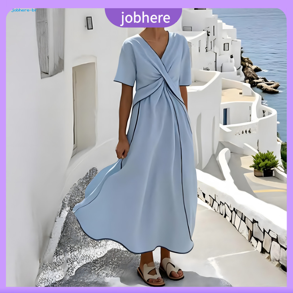 Everyday Wear Dress Women's Women’s Summer Maxi Striped V Neck Short Sleeve Casual Beach Vacation Flowy A-line Sundres