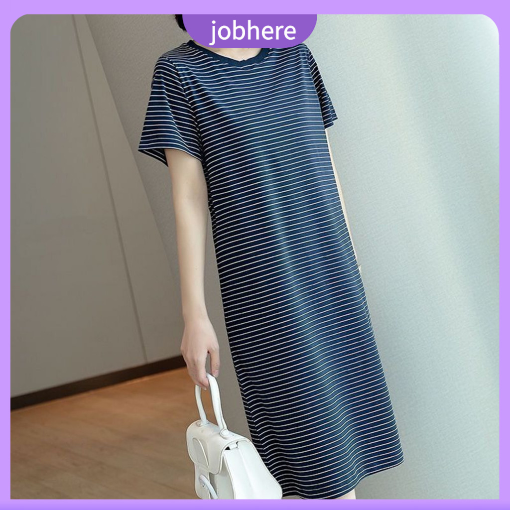 Loose Fit Dress for Women Striped Summer Women’s Short Sleeve Lightweight Comfortable Round Neck Midi for Office Beach