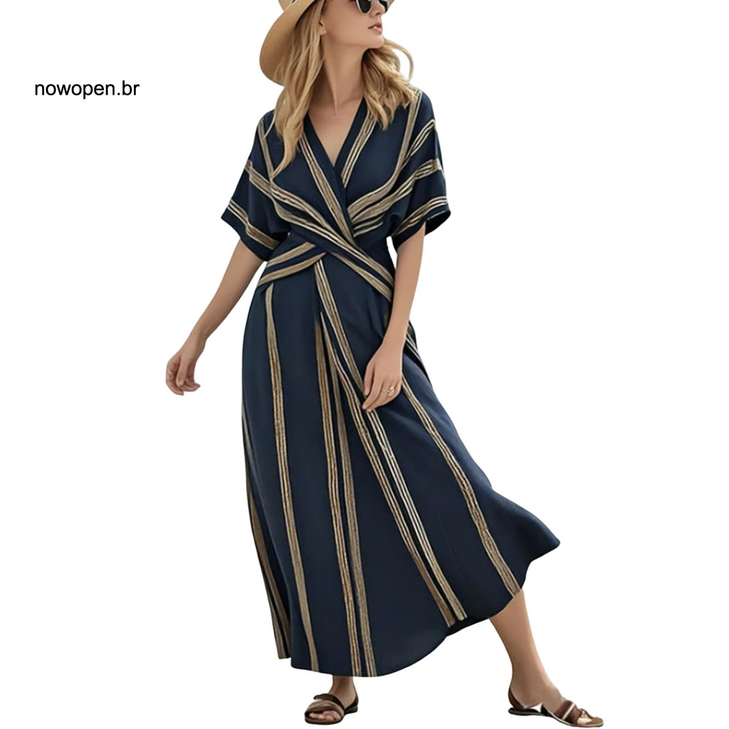 Simple Style Dress Lightweight Summer Women’s Maxi Striped V Neck Short Sleeve Beach Vacation Flowy A-line Sundress an