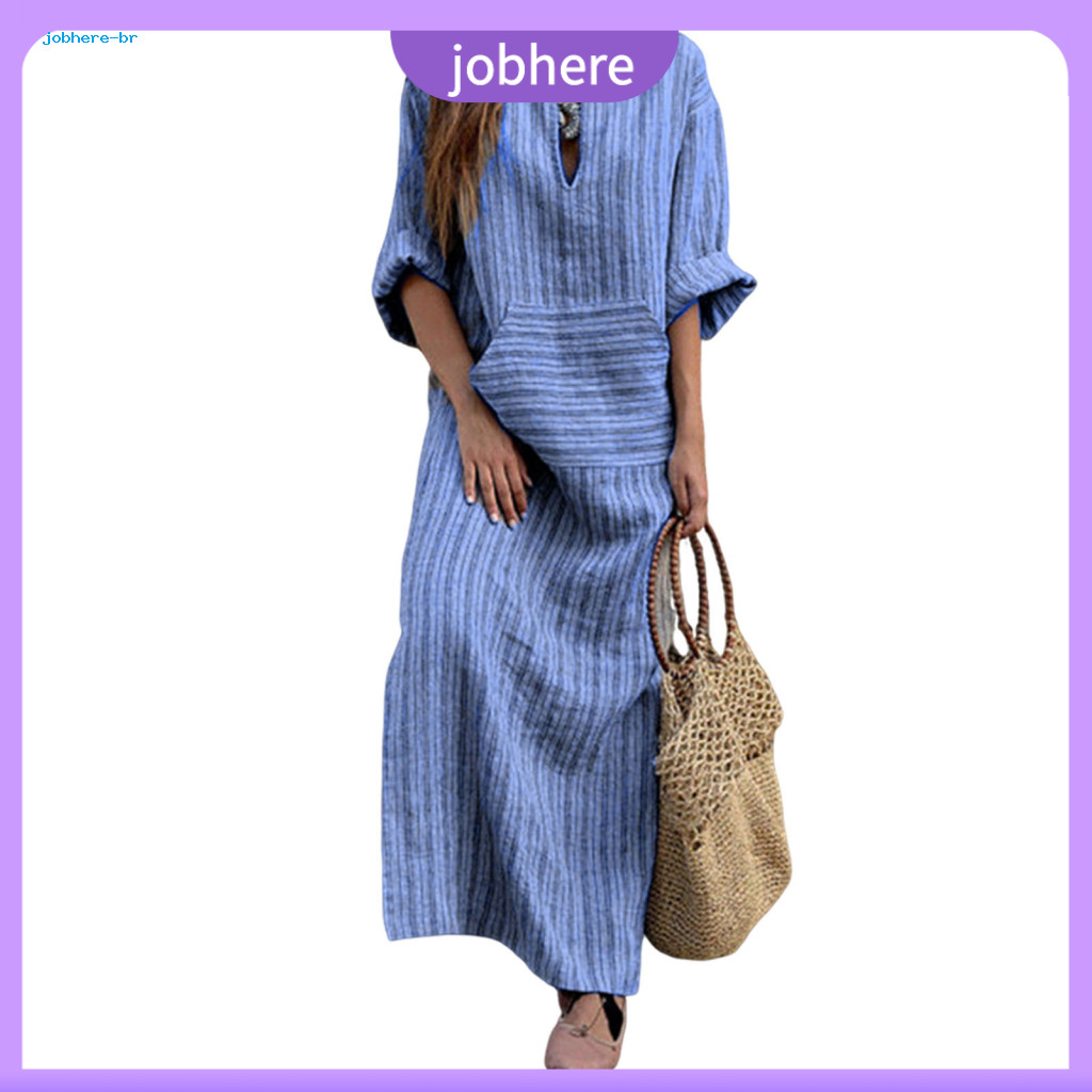 Dress with Pockets Comfortable Everyday Women’s Summer Boho Striped Cotton Linen Short Sleeve Beach Maxi Front Pocket