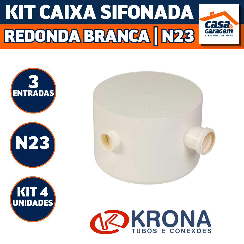 Kit Com 4 Caixa Sifonada Redonda 250X172X50Mm N23 926 3 Entradas Krona Para Esgoto e Drenagem