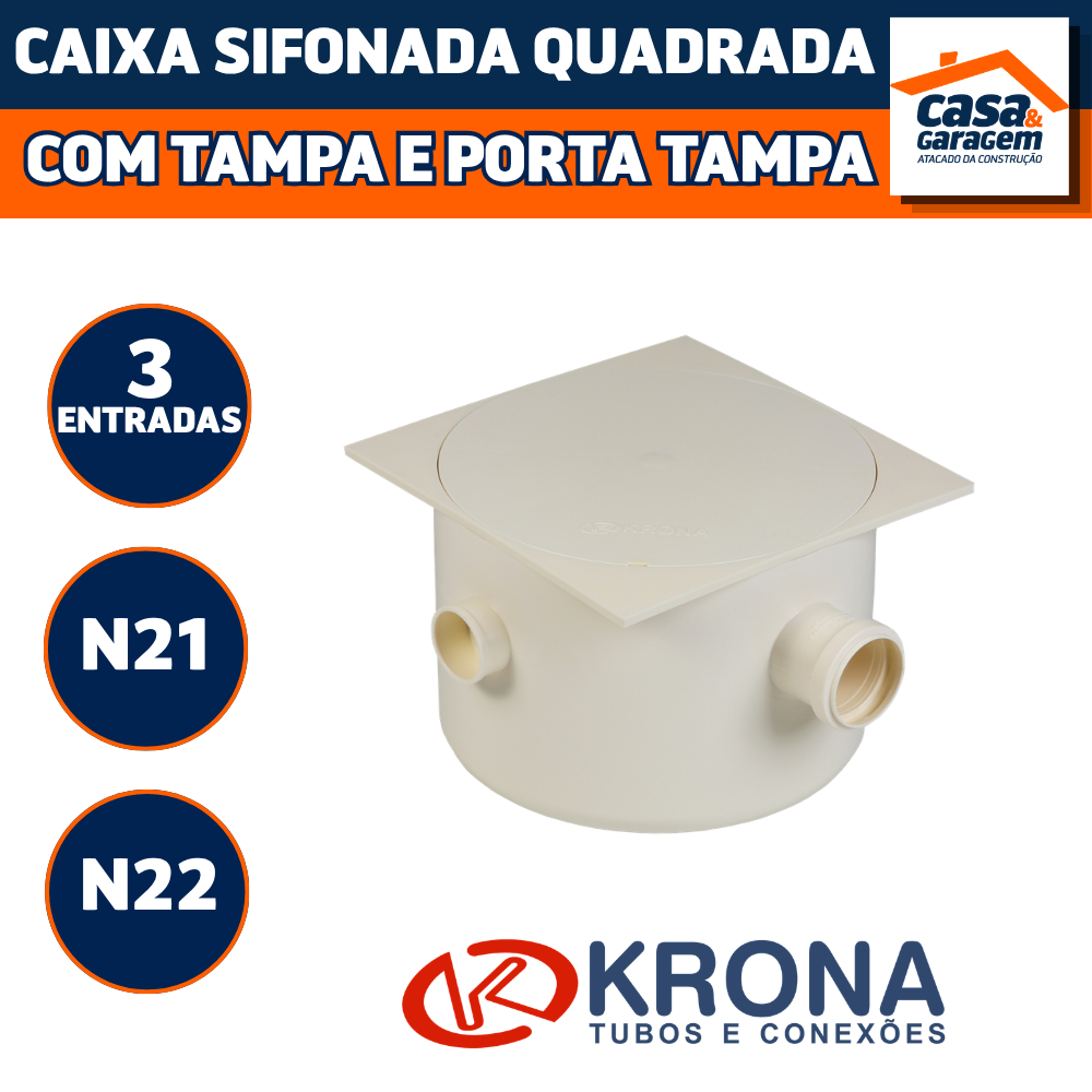 Caixa Sifonada Quadrada com Três Entradas Tampa e Porta Tampa N21 e N22 Branca Krona