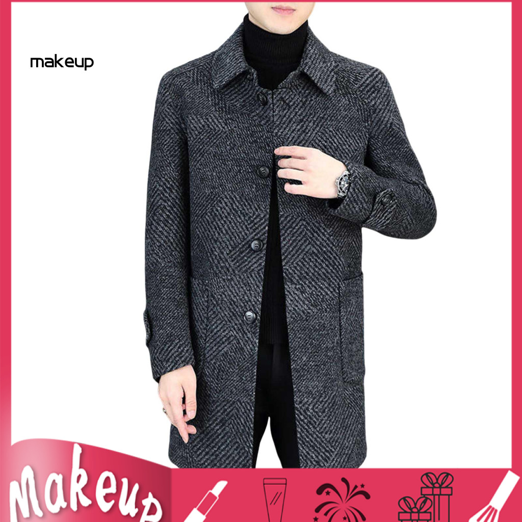 Men Woolen Coat Versatile Men's Mid-length Overcoat with Lapel Single-breasted Long Sleeve Pockets – Casual and Daily