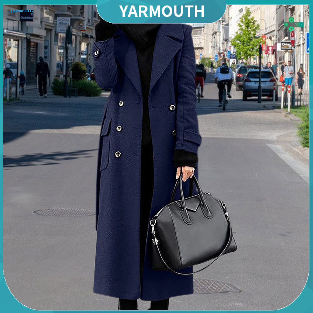 Spring Long Coat Double-breasted Women’s Overcoat with Turn-down Collar Mid-calf Length Slim Fit Cardigan Jacket Pocke