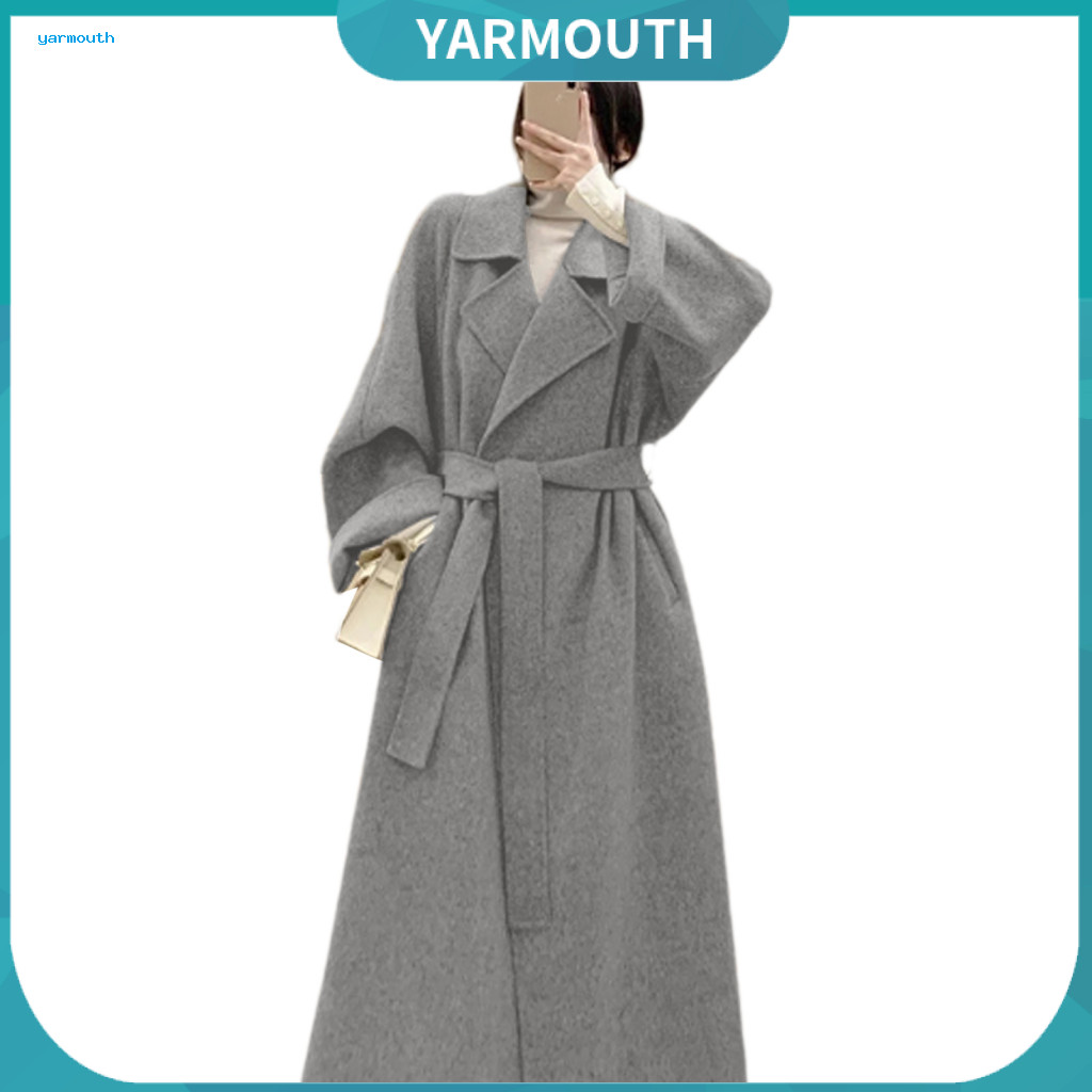 Mid-length Wool Coat Women Women’s Winter Overcoat with Belt Turn-down Collar Pockets – Warm Cardigan for Commuting
