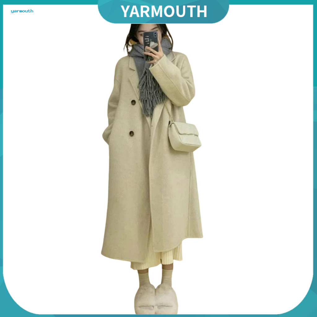 Women Coat Solid Color Lapel Women’s Winter Woolen Overcoat Double-breasted Mid-length with Turn-down Collar and Butto