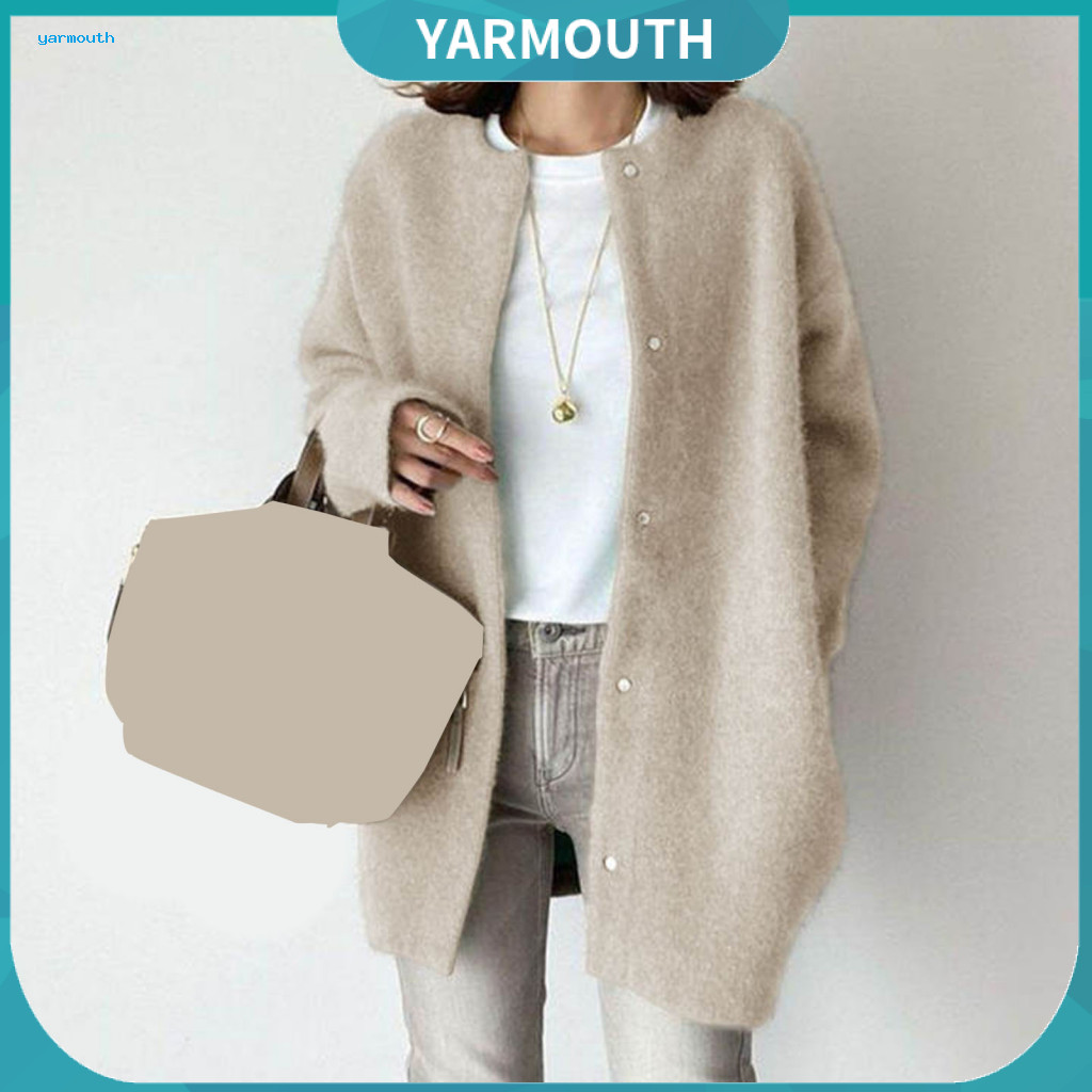 Women Coat Soft Stretchy Jacket Women’s Mid-length Knitted Round Neck Long Sleeve Solid Color Loose Fit Outwear – St